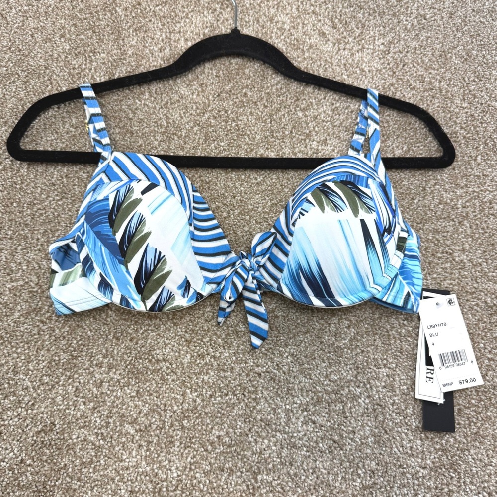 La Blanca Blue Tropical Leaf Underwire Push Up Bikini Top Womens 4 NEW Swim